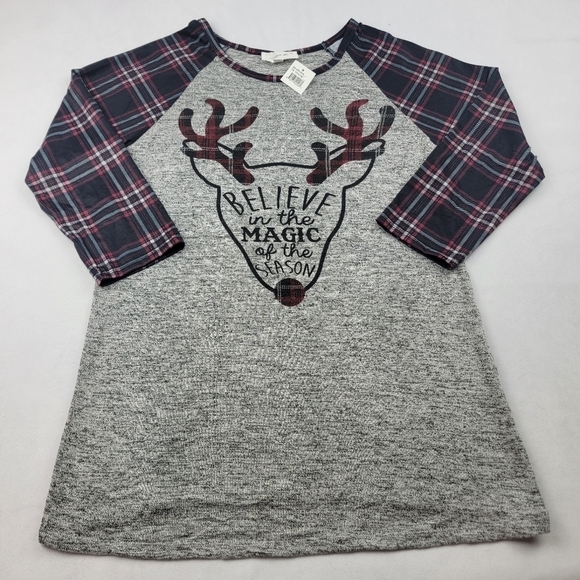 NWT Exclusive One plaid Reindeer Believe baseball tee tunic Christmas holiday - Picture 1 of 4
